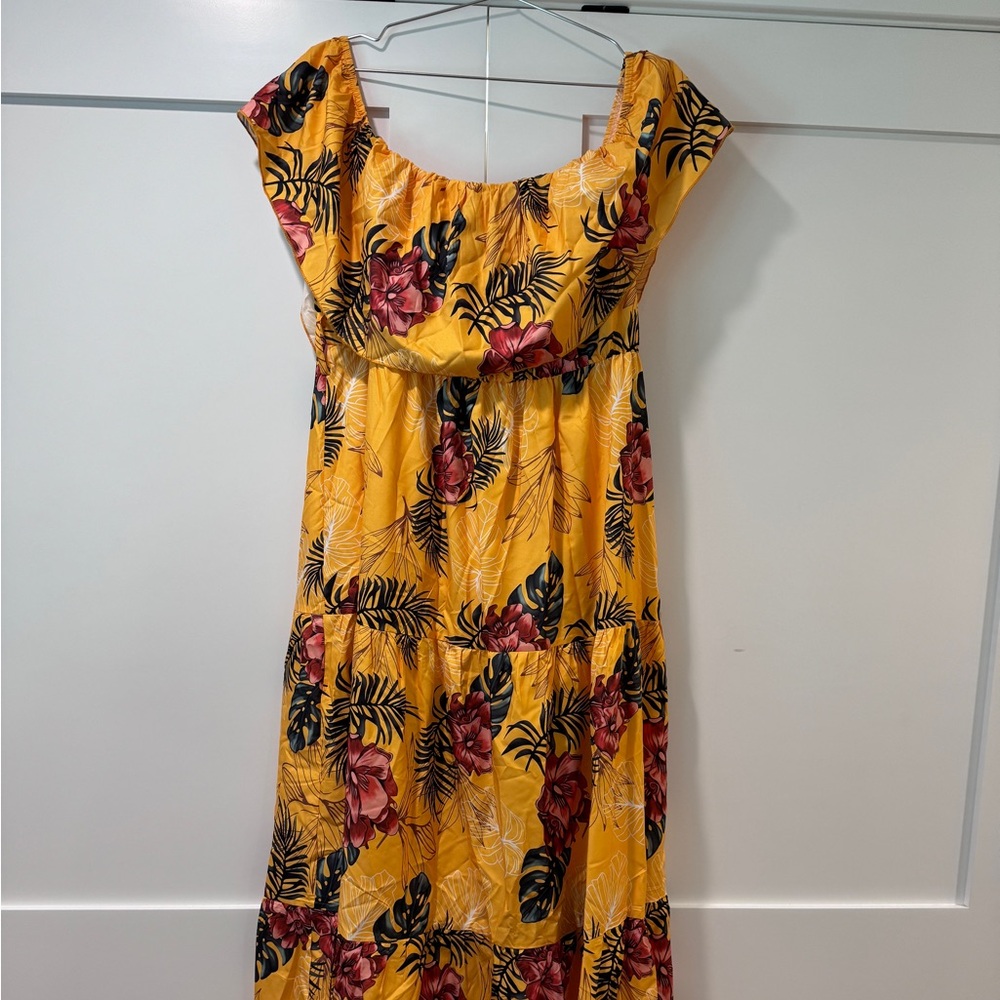 Adorable tropical, flattering off the shoulder, a-line dress from SHEIN.